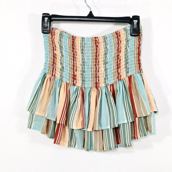 Pilyq Stripe Smocked Mini Skirt +Tie Top Sz XS Beach Cover Up 2Pc Swim Resort - Picture 3 of 12